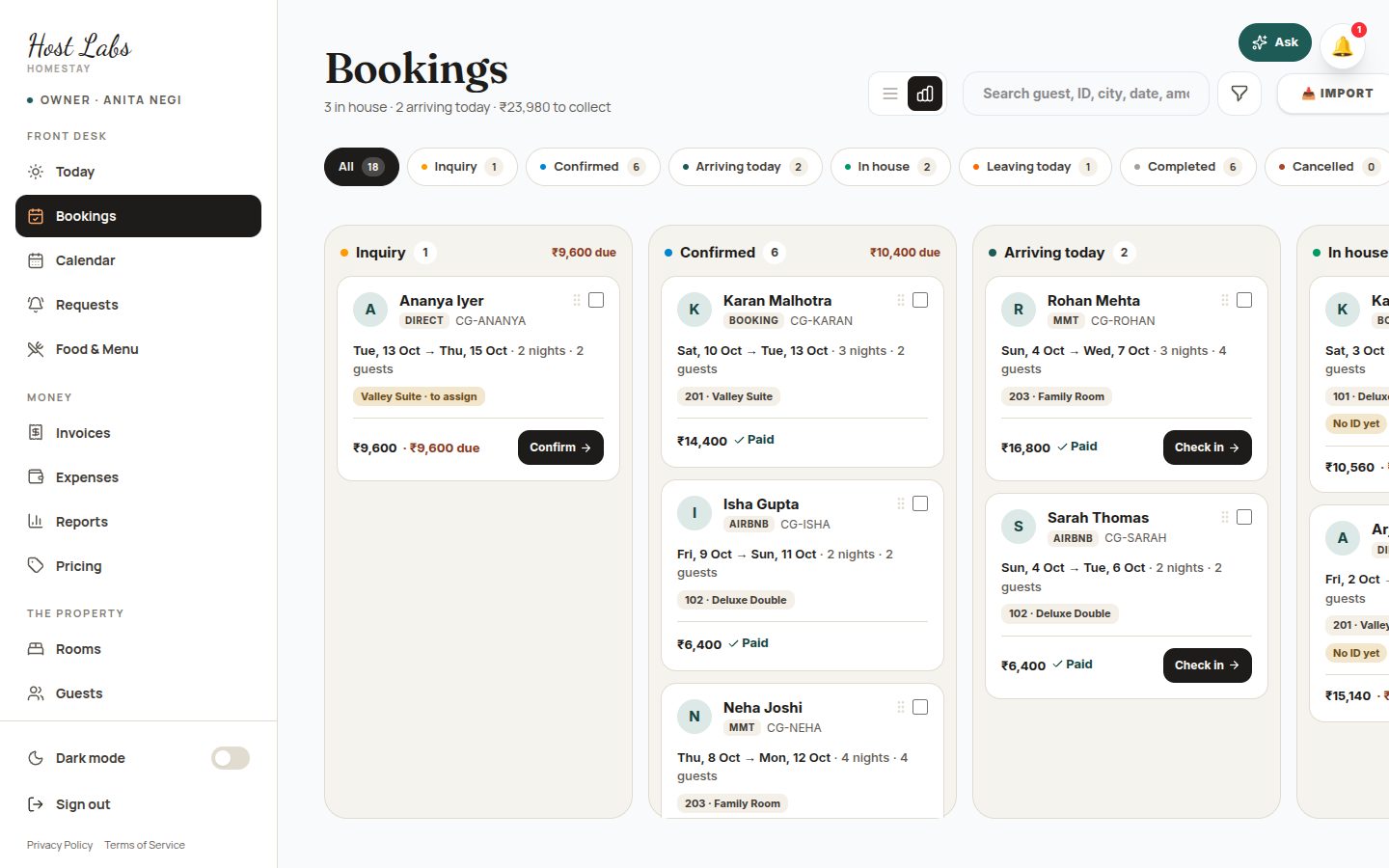The Bookings screen in Host Labs PMS: every stay from every channel, by status