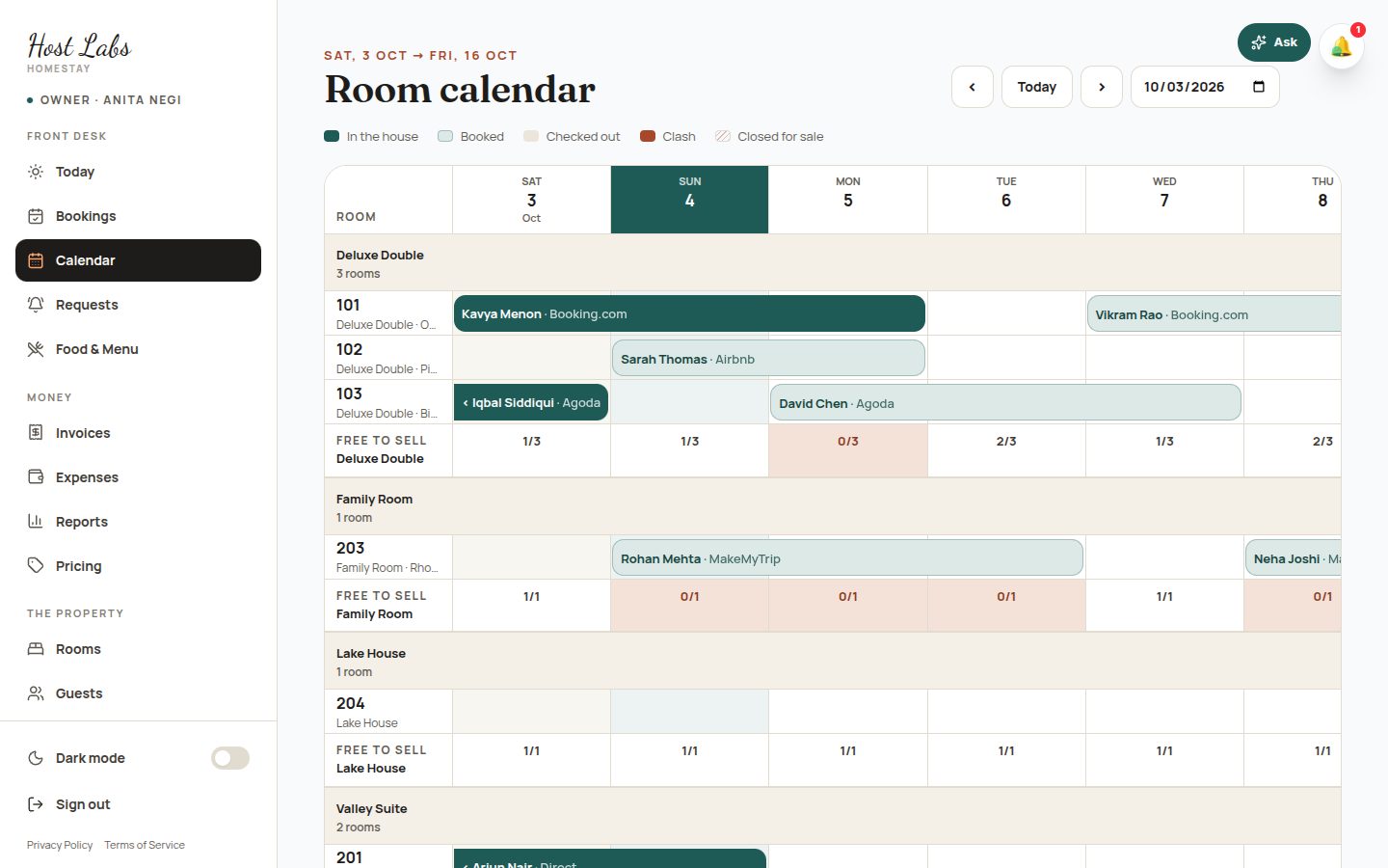 The room calendar in Host Labs PMS: every room night by night, with OTA, direct and walk-in stays together
